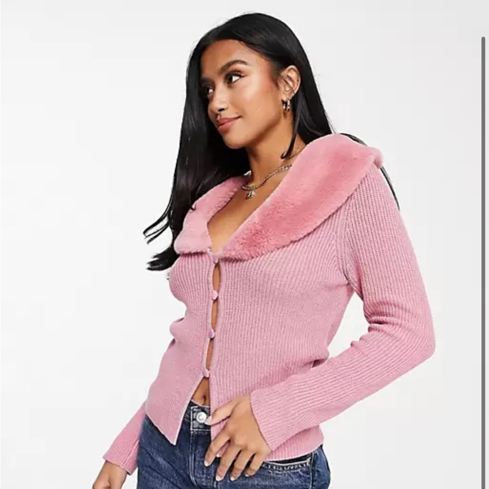 ASOS DESIGN Petite cardigan with faux fur collar in pink